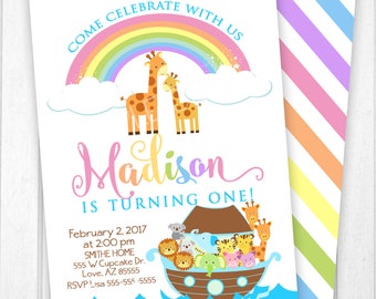 Noah's Ark Invitation, Pastel Rainbow Noah's Ark Party Invitation, Noah's Ark Birthday Invitation File, Personalized Printable Noah Invite