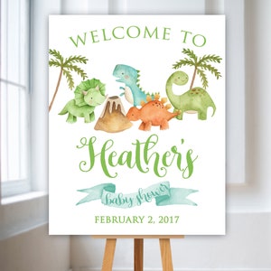 恐竜ベビーシャワー ウェルカムポスター、水彩恐竜 T-Rex シャワー ウェルカム 印刷可能、パーソナライズされたポスター、恐竜ベビーシャワー 印刷可能なサイン