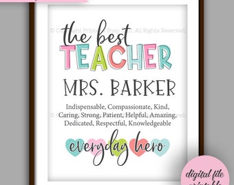 Teacher Gift, Personalized Teacher Gift Printable, Teacher Quote, Teacher Appreciation Gift, Teacher Digital File 8x10 File