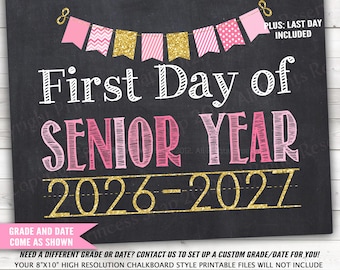 Arrow First and Last Day of Senior Year, 12th Grade, First and Last day Twelfth Grade, 12 Grade 2026-2027 Pink Gold Glitter Printable 8x10