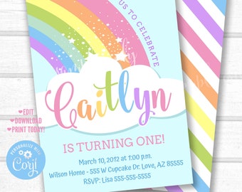DIY Pastel Rainbow Invitation, Unicorn Rainbow Party Invitation, Rainbow Birthday Invite File, Downloadable Printable Birthday Invitation