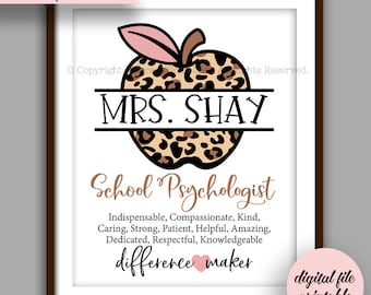 Leopard Apple School Psychologist Gift, Psychologist Quote Printable, Psychologist Christmas Gift Thank You, School Psychologist Gift