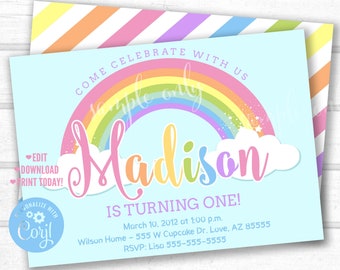 Puede incluir: Una invitación imprimible azul y blanca con un arcoíris y el texto "Come Celebrate With Us Madison Is Turning One!"  10 de marzo de 2012 a la 1:00 p.m. Wilson Home - 555 W Cupcake Dr. Love, AZ 85555 RSVP: Lisa 555-555-5555