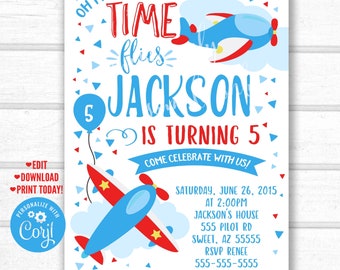 May include: A blue and red airplane birthday party invitation with the text "Oh my, how time flies Jackson is turning 5. Come celebrate with us!"  Saturday, June 26, 2015, at 2:00pm, Jackson's House, 555 Pilot Rd, Sweet, AZ 55555, RSVP Renee, 555-555-5555.