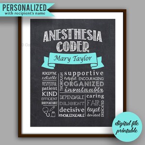 May include: A printable digital file with a chalkboard background featuring the text "Anesthesia Coder" with a blue ribbon banner that says "Mary Taylor". The text is surrounded by a list of positive adjectives describing the qualities of an anesthesia coder.