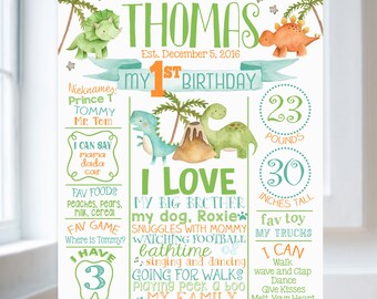 Dinosaur First Birthday Stats Poster, Dinosaur Milestone 1st Birthday Personalized Sign, Dino Baby First Birthday Printable File