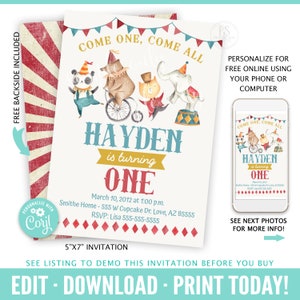 DIY Circus Invitation, Carnival Party Invitation, Watercolor Circus Birthday Invite, Vintage Circus Carnival Downloadable Digital File