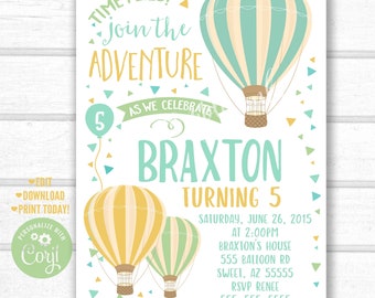 Hot Air Green Balloon Birthday Party Invitation, Watercolor Hot Air Balloon Invite, Travel Invitation, 1st Birthday Balloon Birthday Invite