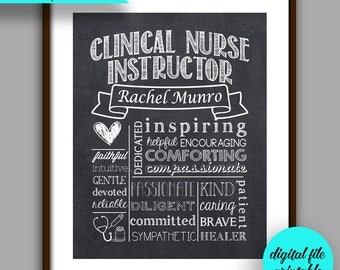 May include: A framed chalkboard-style print with the text "CLINICAL NURSE INSTRUCTOR" and a personalized name. The design includes words like "inspiring," "compassionate," and "dedicated." A teal banner reads "PERSONALIZED" and a turquoise circle says "digital file printable."
