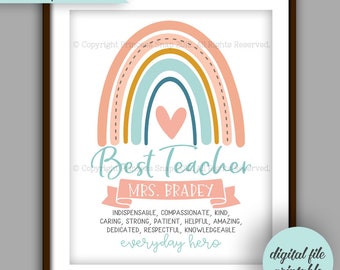 Rainbow Teacher Gift, Personalized Teacher Gift Printable, Teacher Quote, Teacher Appreciation Gift, Teacher Digital File 8x10 File