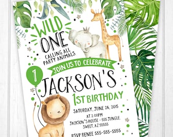 Safari Invitation, Jungle Invitation, Zoo Invitation, Watercolor Safari Birthday Invite, Digital File, Elephant Lion Giraffe Invitation