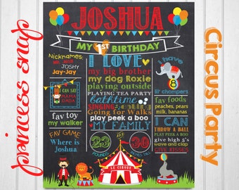 Circus First Birthday Chalkboard Poster, Carnival 1st Birthday Chalk Board, Circus Birthday Board Printable, Circus Milestone Photo Prop