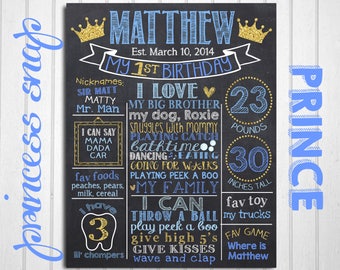 Prince First Birthday Chalkboard, King 1st Birthday Chalk board, Knight 1st Birthday Milestone, Royal 1st Birthday, Blue Gold Boy Stats