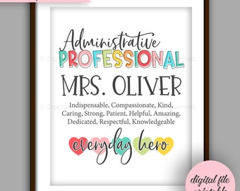 Administrative Professional, Secretary Appreciation Gift Printable, Secretary Christmas Gift,  Secretary Thank You