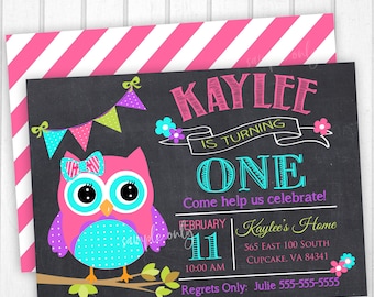 Owl Birthday Party Invitation -5x7 or 4x6 - Pink and Teal Owl Birthday Invitation