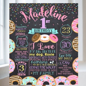 Donut First Birthday Chalkboard Poster, Donut Pink Purple Teal 1st Birthday Chalk Board Sign, Sprinkles Milestone Stats Printable Photo Prop