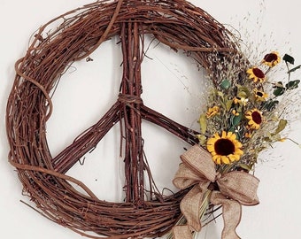 Sunflower Peace Wreath, Hippie Peace Sign Wreath, Door Wreath, Summer Wreath, Indoor or Outdoor Wreath Decor