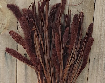 May include: A bundle of dried burgundy-colored ornamental grass, featuring feathery seed heads and slender stems. The dried flowers are arranged against a backdrop of weathered wooden planks, creating a rustic and natural aesthetic. Ideal for home decor.