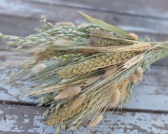 May include: A rustic bouquet of dried wheat, oats, and other grains, tied together with twine. The arrangement features a variety of textures and colors, including beige, green, and tan, creating a natural and earthy aesthetic. Perfect for home decor.