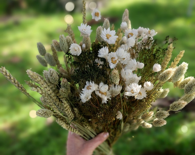 Dried Flower Bouquet - Spring Green Wheat and White Rhodanthe Daisies Floral Bouquet