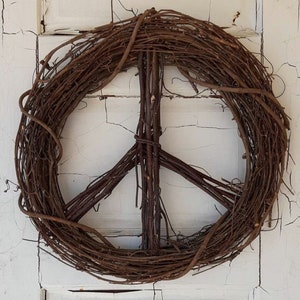Peace Sign Wreath, Hippie Bohemian Decor - Indoor/Outdoor Wall Art - Grapevine and Birch