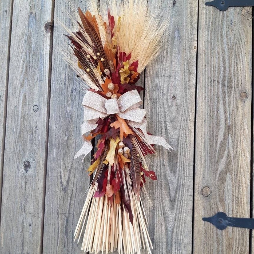 Fall Leaves Wheat Sheaf Bundle With Pheasant Feathers and Burlap Wired