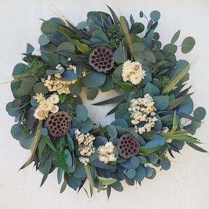 Eucalyptus Wreath - Silver Dollar Eucalyptus, and Willow Eucalyptus, Ivory Dried Flowers, Lotus Pods Wreath -  Shipping Included