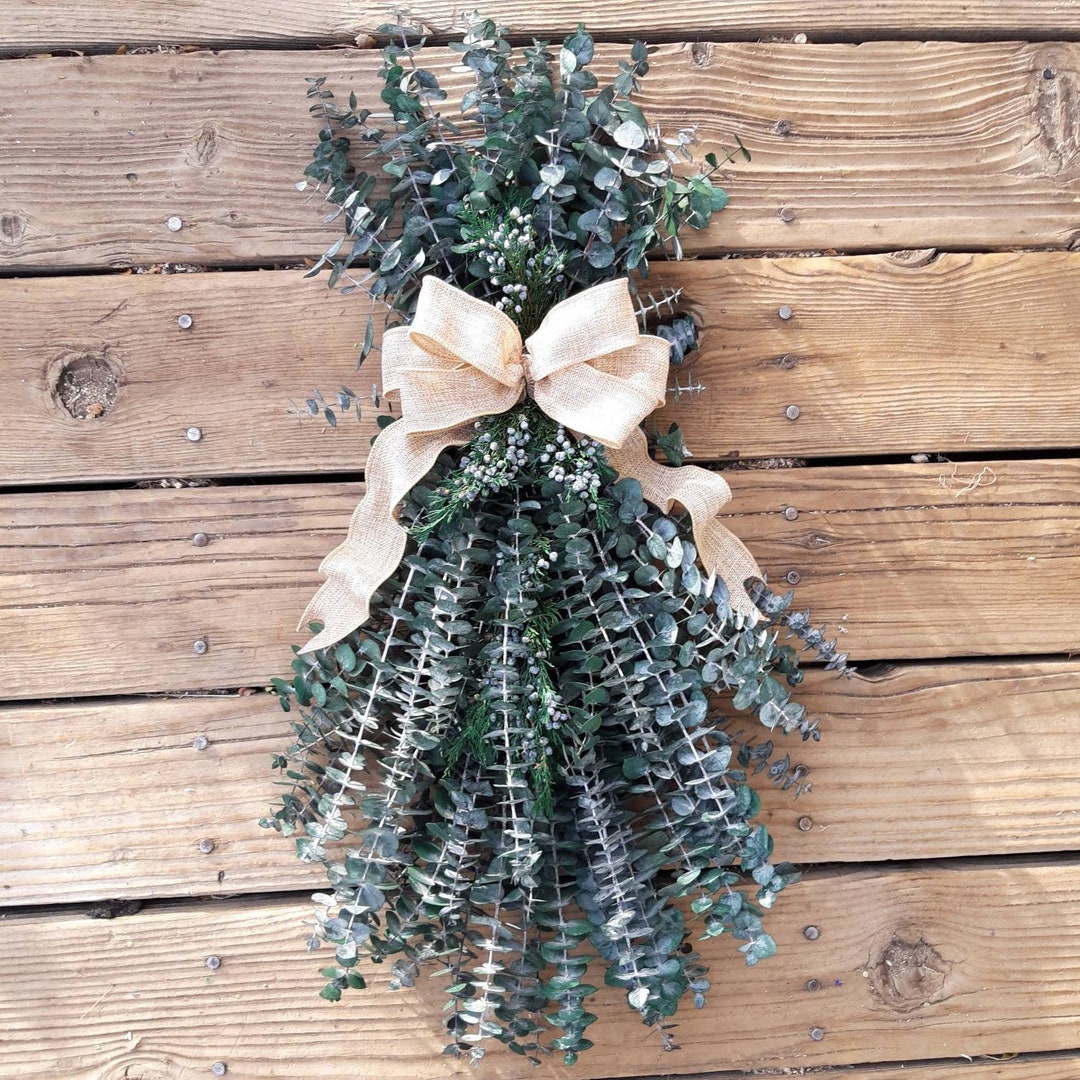 Preserved Eucalyptus Vertical Swag, Green Eucalyptus, Juniper Pine, and Burlap Bow, Farmhouse