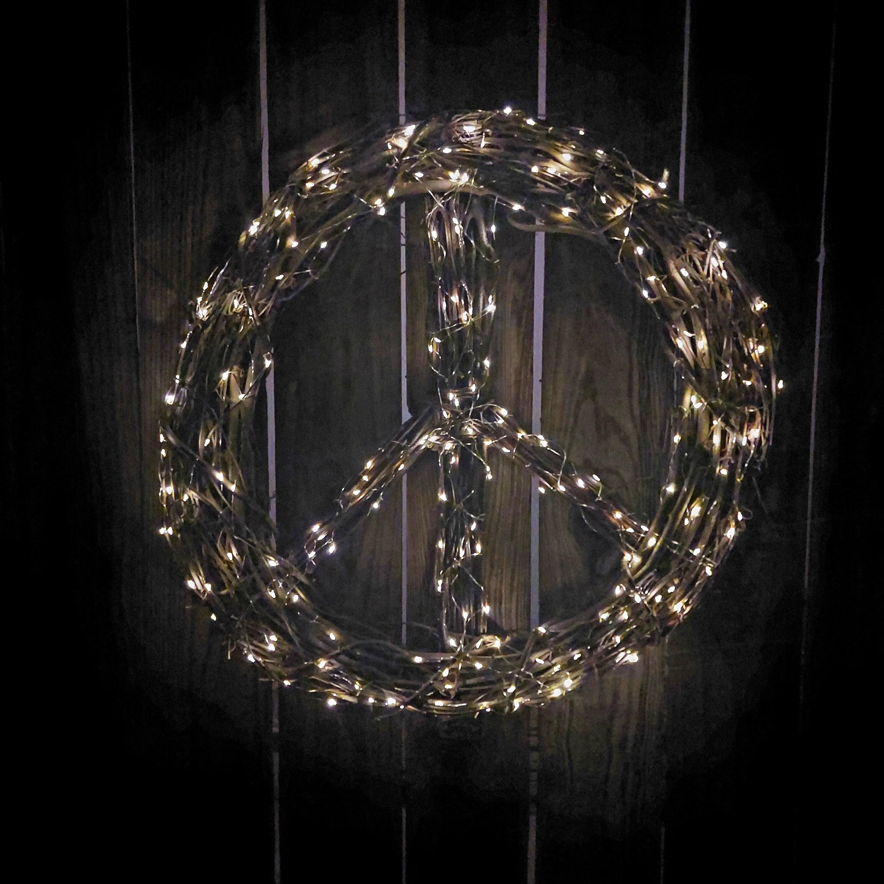 Peace Wreath, Peace Sign Wreath with Fairy Lights, Hippie Bohemian Decor - Unique Door or Wall Hanging, Indoor/Outdoor Wall Art