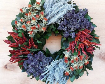 Dried Chili Pepper and Herbs Wreath, Dried Flower Wreath, Shipping Included