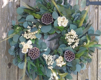 Dried Flower Wreath - Silver Dollar Eucalyptus, and Willow Eucalyptus, Ivory Dried Flowers, Lotus Pods Wreath -  Shipping Included