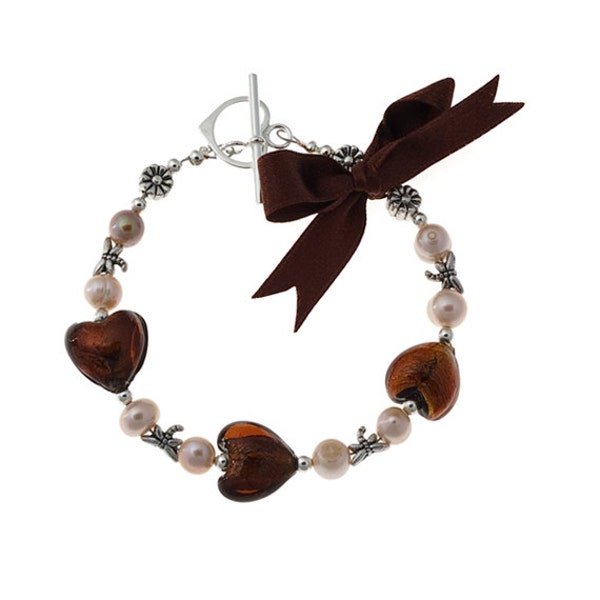 Jewel Heart Bracelet Topaz on Chocolate Satin Ribbon, Sterling Silver Bracelet with Freshwater Pearls, Personalised Gift by Tartan Twist