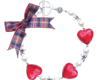 Jewel Heart Bracelet, Red Love Heart Bracelet on Scottish Tartan, Pearl Bracelet with Cameron Tartan, Scottish Gift Idea for Her