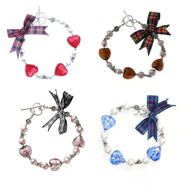 Jewel Heart Bracelet, Silver Heart Pearl Bracelet, Scottish Tartan Bracelet, Scottish Gift Idea pour elle