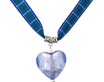 Jewel Heart Necklace on Douglas Tartan Ribbon, Scottish Heart Necklace, Scottish Gift Idea, Tartan Gift Idea, Valentine's Gift Idea for Her