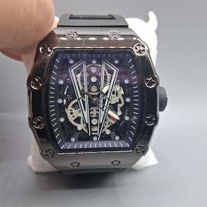 Luxur Tonneau-Shaped Men's V-Shaped Skeleton Dial Wrist Watch,with Silicone Strap