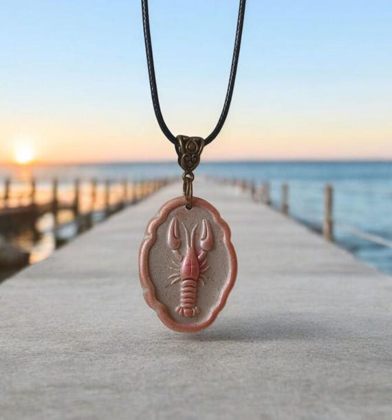 LOBSTER Pendant, Handmade Polymer Clay Lobster Pendant Embossed