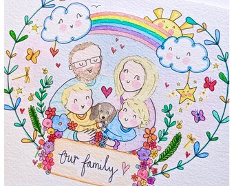 Hand Painted Family Portrait | Rainbow Family Painting | Hand Drawn Watercolour Portraits | We Are Floofy