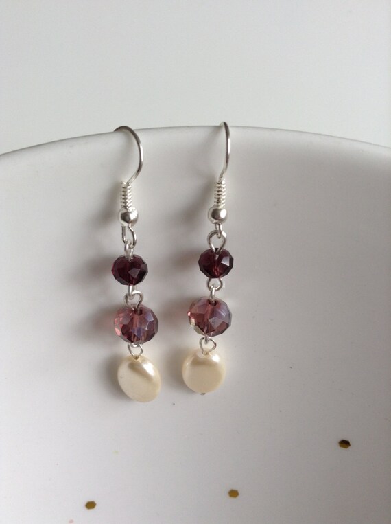 Items similar to Elegant Purple and Beige beaded dangle & drop earrings ...