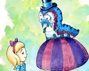 Alice and the Caterpillar Watercolor Print - From Alice's Adventures in Wonderland