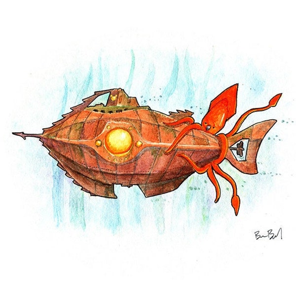 Submarine Squid Watercolor Print