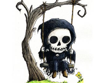 Grim Reaper Swinging Watercolor Print