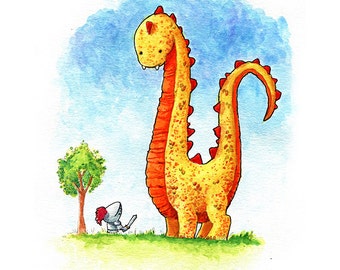 Tall Dragon Short Knight Watercolor Print