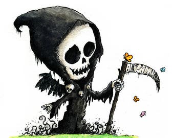 Grim Reaper and Butterflies Watercolor Print