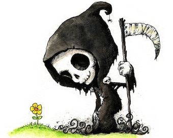 Grim Reaper and Yellow Flower Watercolor Print