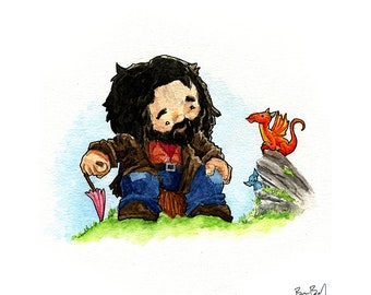 A Giant and His Dragon Watercolor Print