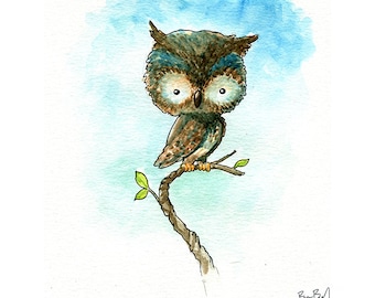 Little Brown and Blue Owl Watercolor Print