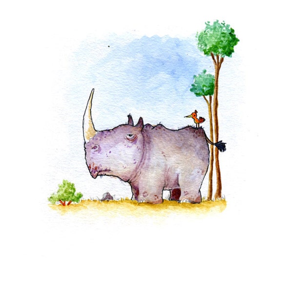 Rhino and Passenger Watercolor Print