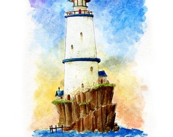 Lighthouse Island Watercolor Print