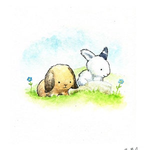 Two Cute Bunnies Watercolor Print